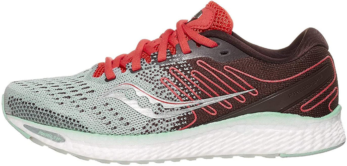 Saucony Women's Freedom 3 Running Shoe in Sky Gry Coral Side Angle View