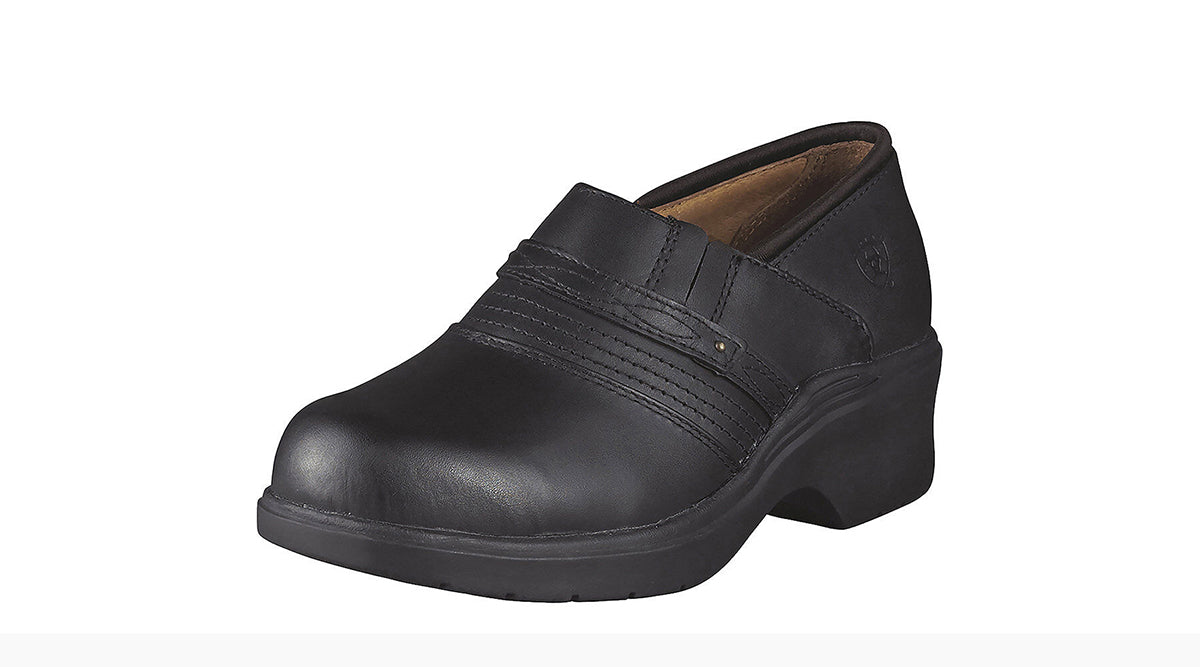 Women's Ariat Safety Clog Steel Toe in Black from the front