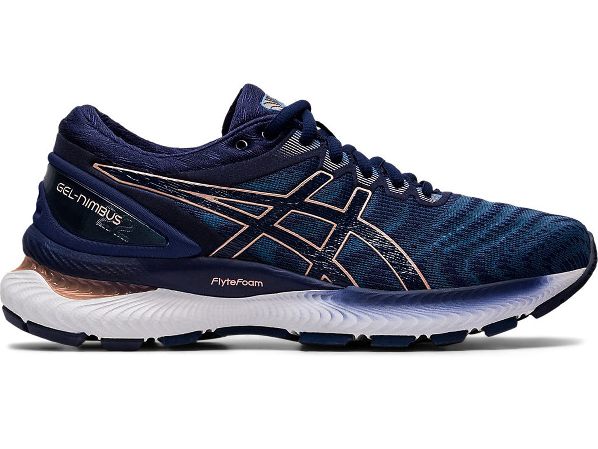 Women's Asics GEL-Nimbus 22 Running Shoe in Grey Floss/Peacoat from the side