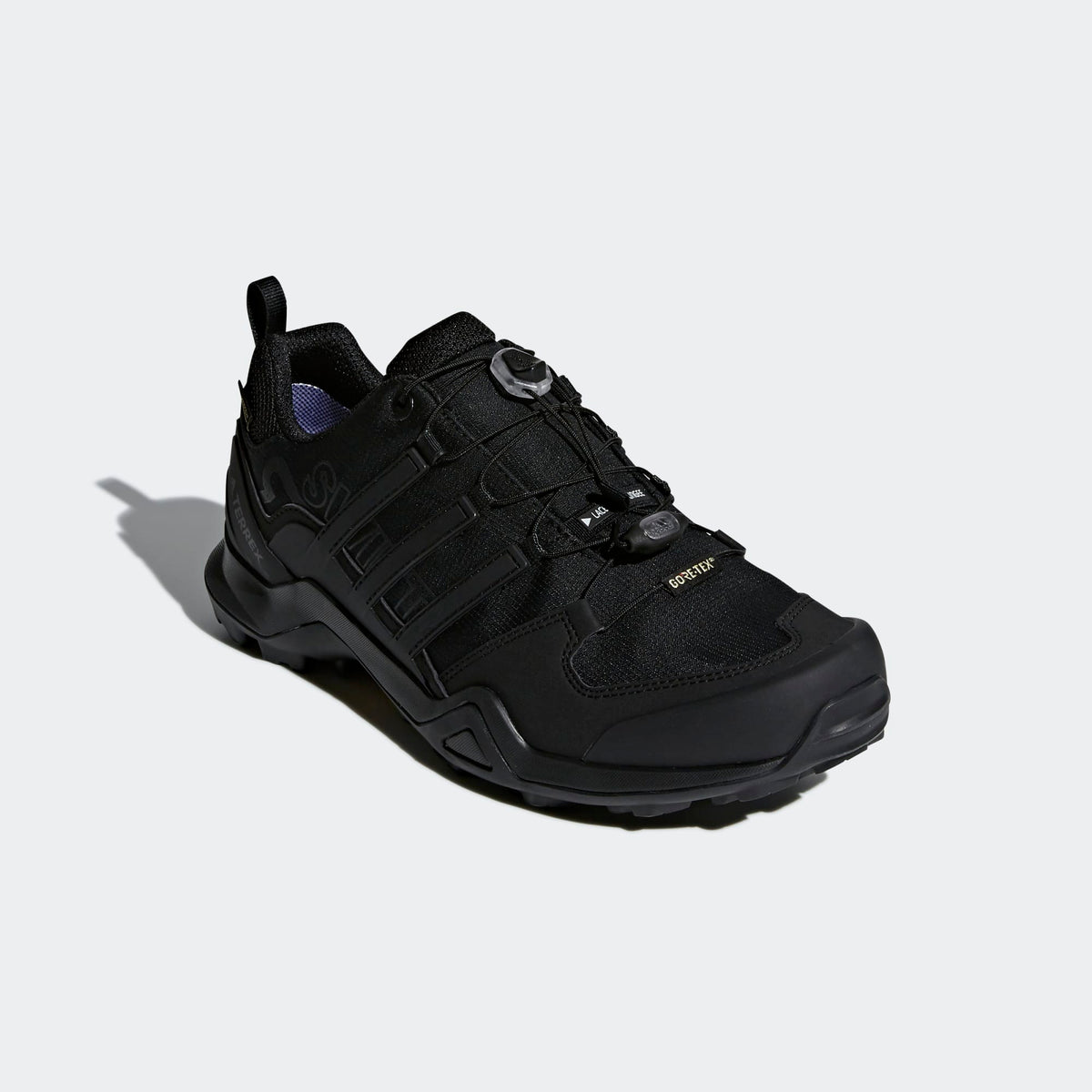 Men's adidas Terrex Swift R2 Gore-Tex Hiking Shoe in Core Black / Core Black / Core Black from the side view