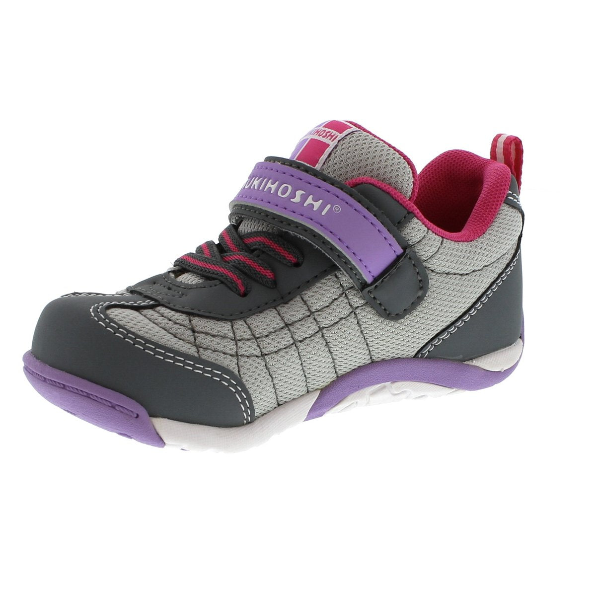 Child Tsukihoshi Kaz Sneaker in Gray/Purple from the front view