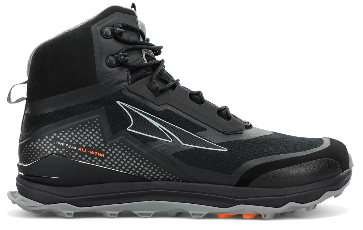 Altra Men's Lone Peak ALL-WTHR Mid Trail Running Shoe in Black from the side