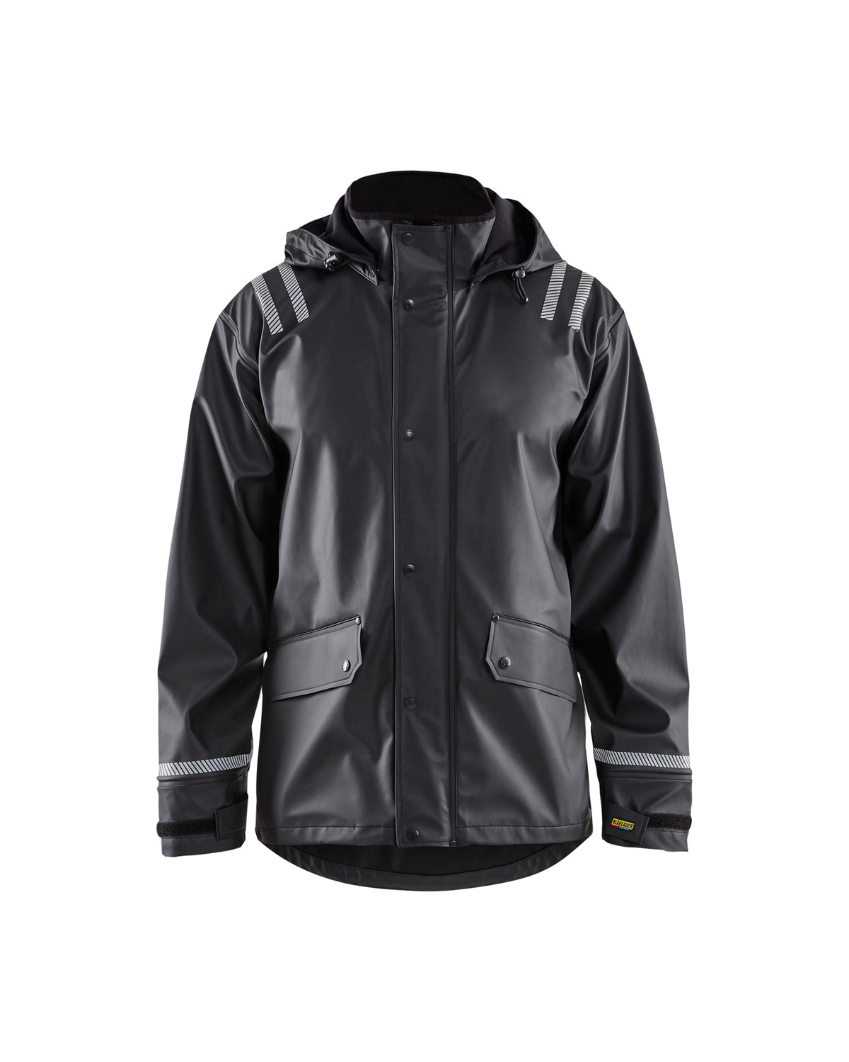 Men's Blaklader US Hooded Rain Jacket with Reflective Details in Black from the front view