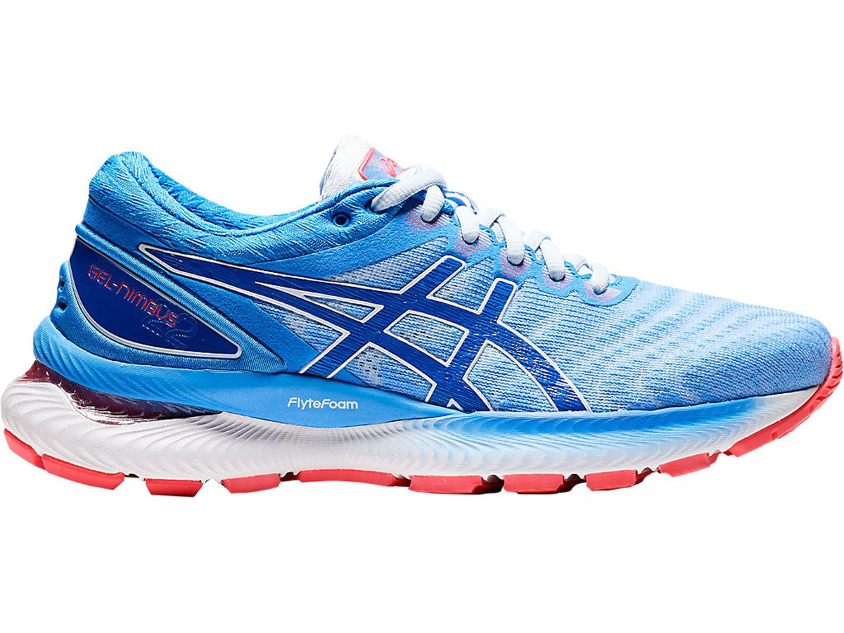 Women's Asics GEL-Nimbus 22 Running Shoe in Soft Sky/Tuna Blue from the side