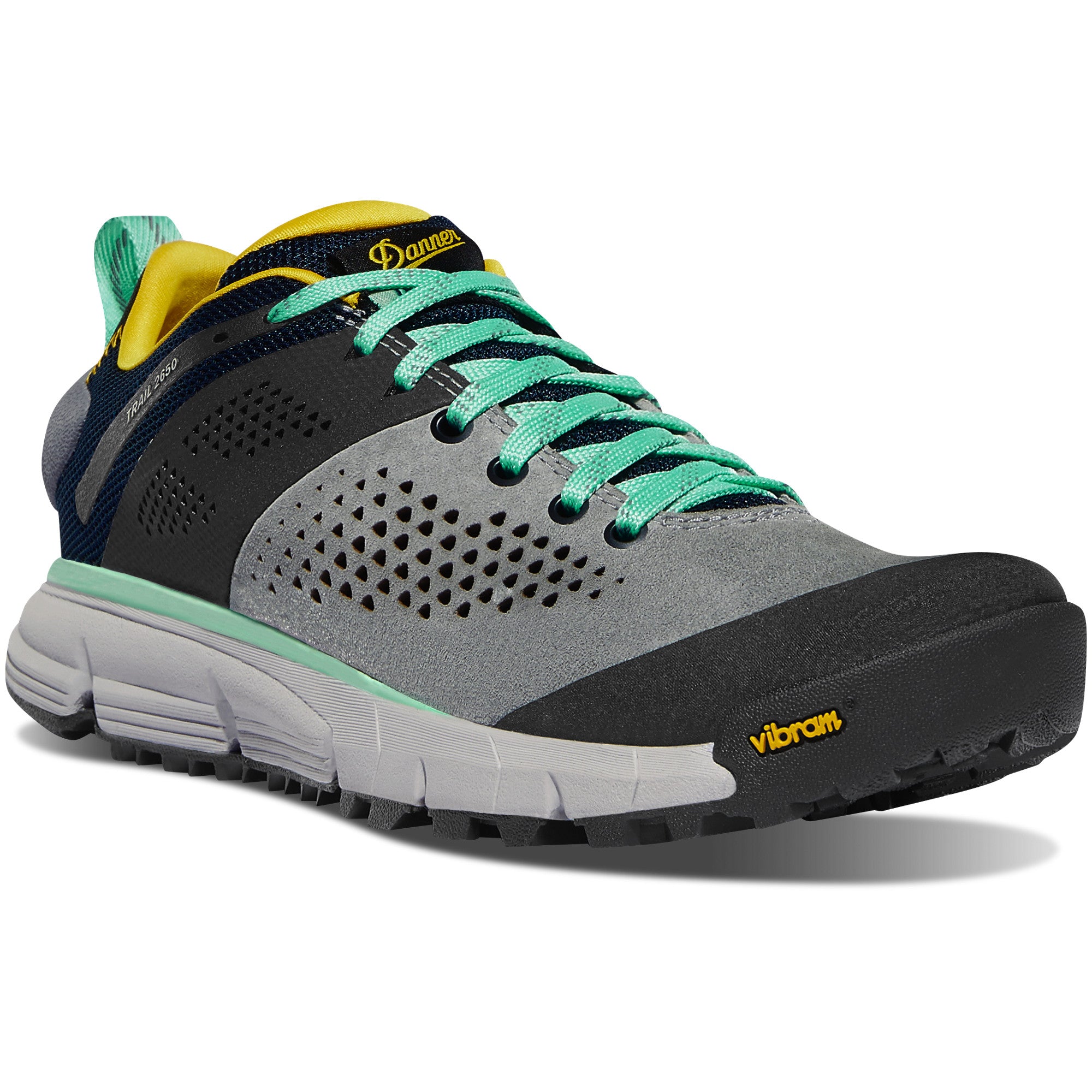 Danner Women's Trail 2650 3" Hiking Shoe in Gray/Blue/Spectra Yellow from the side
