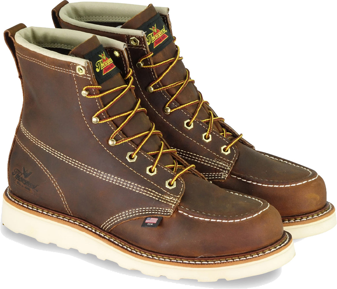 thorogood american heritage 6 steel toe work boots for men full grain leather with moc toe slip resistant wedge outsole and comfort insole eh rated from the front