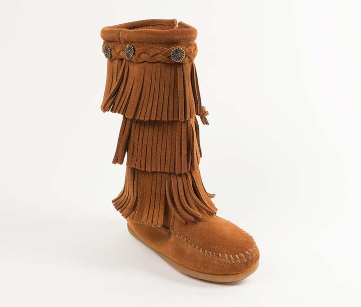 3-Layer Fringe Boot in Brown from 3/4 Angle View