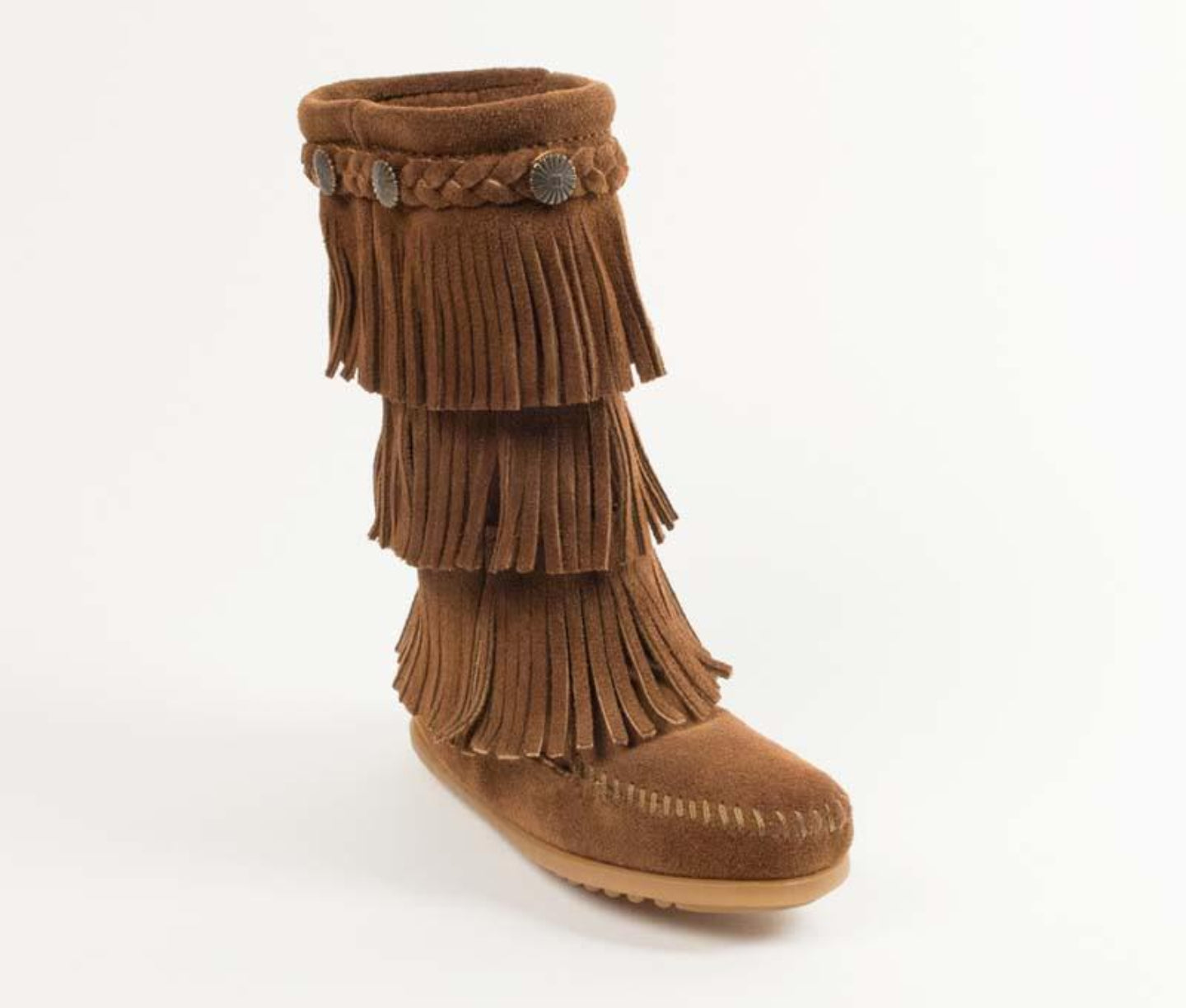 3-Layer Fringe Boot in Dusty Brown from 3/4 Angle View