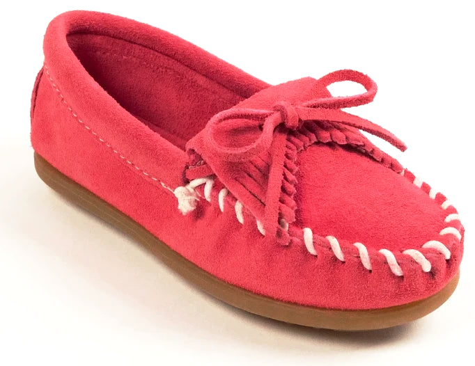 Kilty Hardsole Moccasin in Hot Pink from 3/4 Angle View