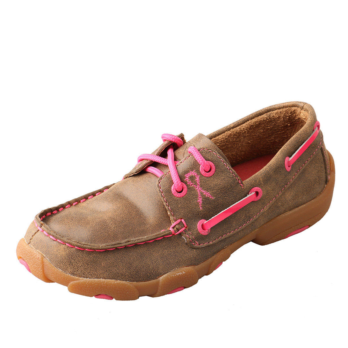 Kids' Twisted X Boat Shoe Driving Moccasins in Bomber & Neon Pink from the side view