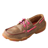 Kids' Twisted X Boat Shoe Driving Moccasins in Bomber & Neon Pink from the side view