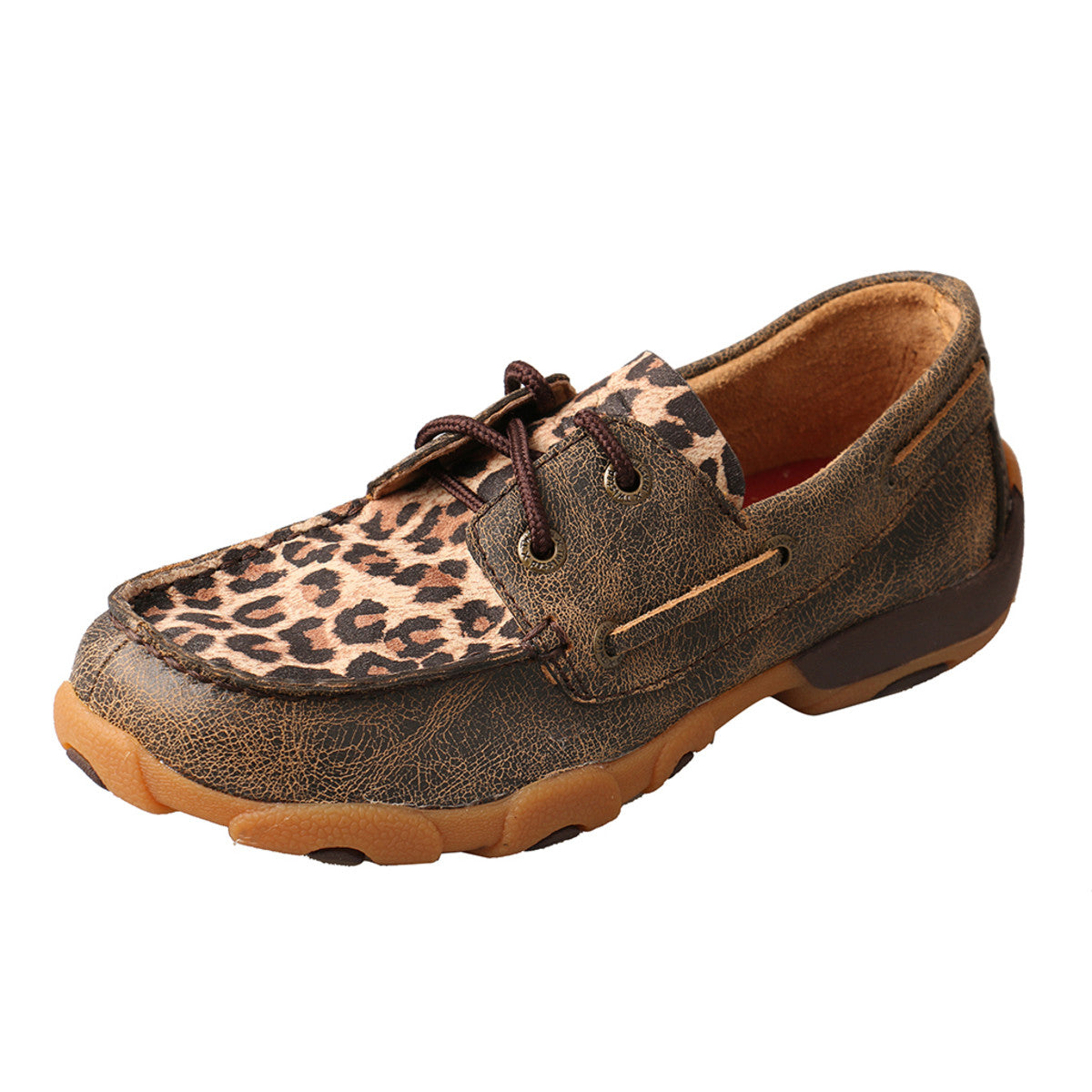 Kids' Twisted X Boat Shoe Driving Moccasins in Distressed & Leopard from the side view