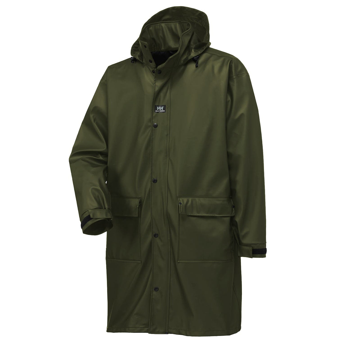 Helly Hansen Men's Impertech Waterproof Coated PU Long Rain Jacket in Green Brown from the front
