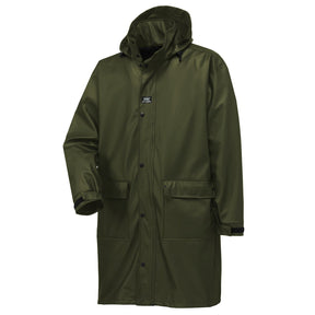 Helly Hansen Men's Impertech Waterproof Coated PU Long Rain Jacket in Green Brown from the front