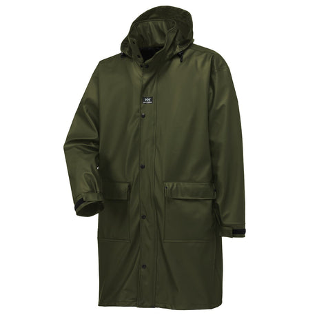 Helly Hansen Men's Impertech Waterproof Coated PU Long Rain Jacket in Green Brown from the front