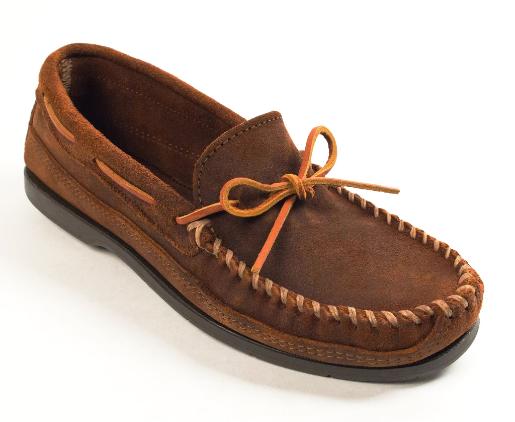 Double Bottom Hardsole Moccasin in Brown Ruff from 3/4 Angle View