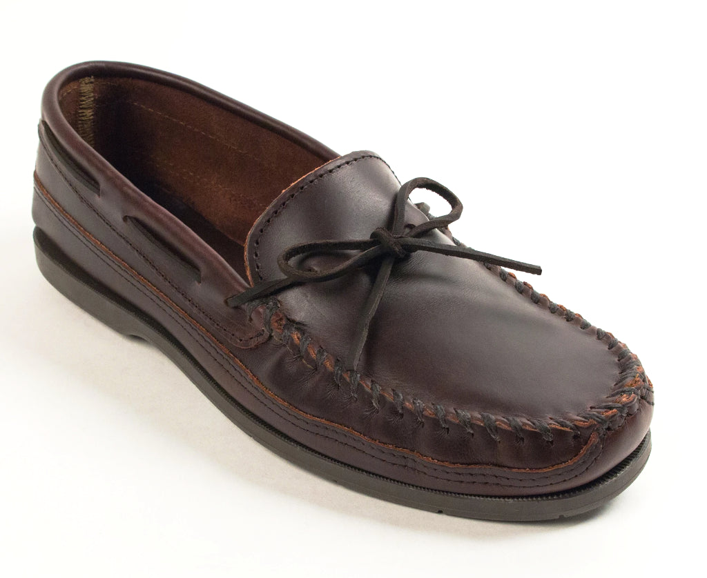 Double Bottom Hardsole Moccasin in Dark Brown from 3/4 Angle View