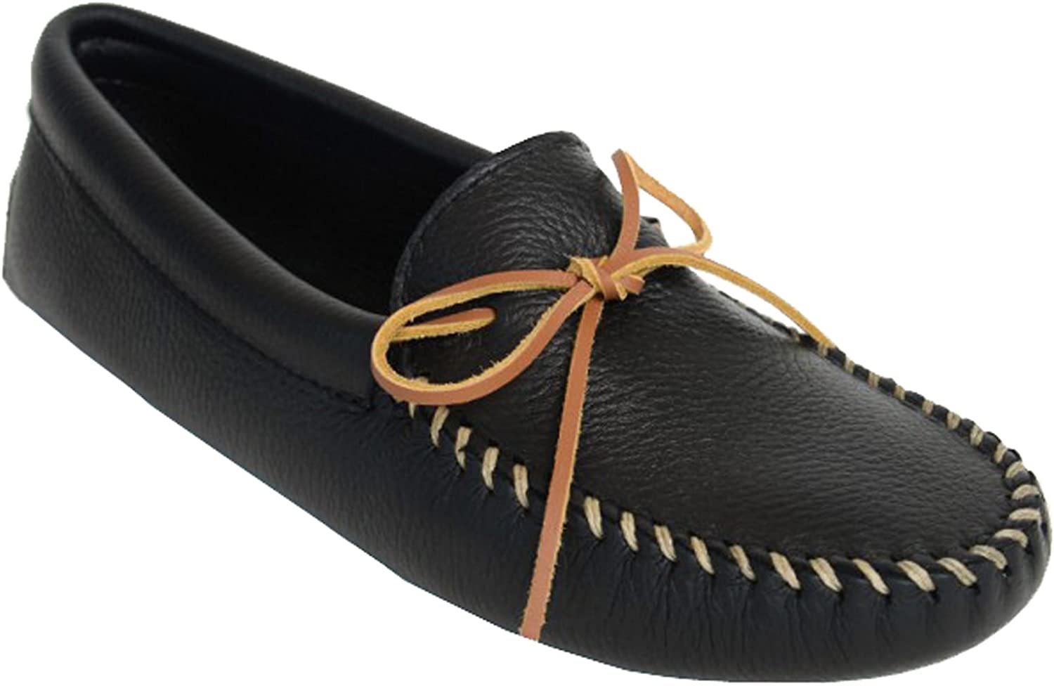 Double Deerskin Softsole Moccasin in Black from 3/4 Angle View