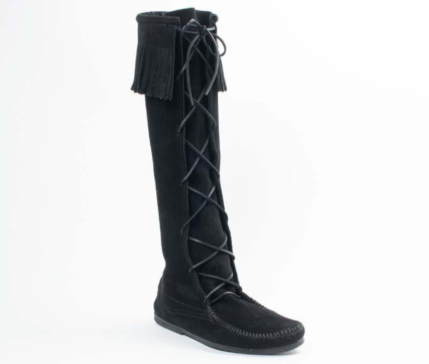 Front Lace Knee High Boot in Black from 3/4 Angle View