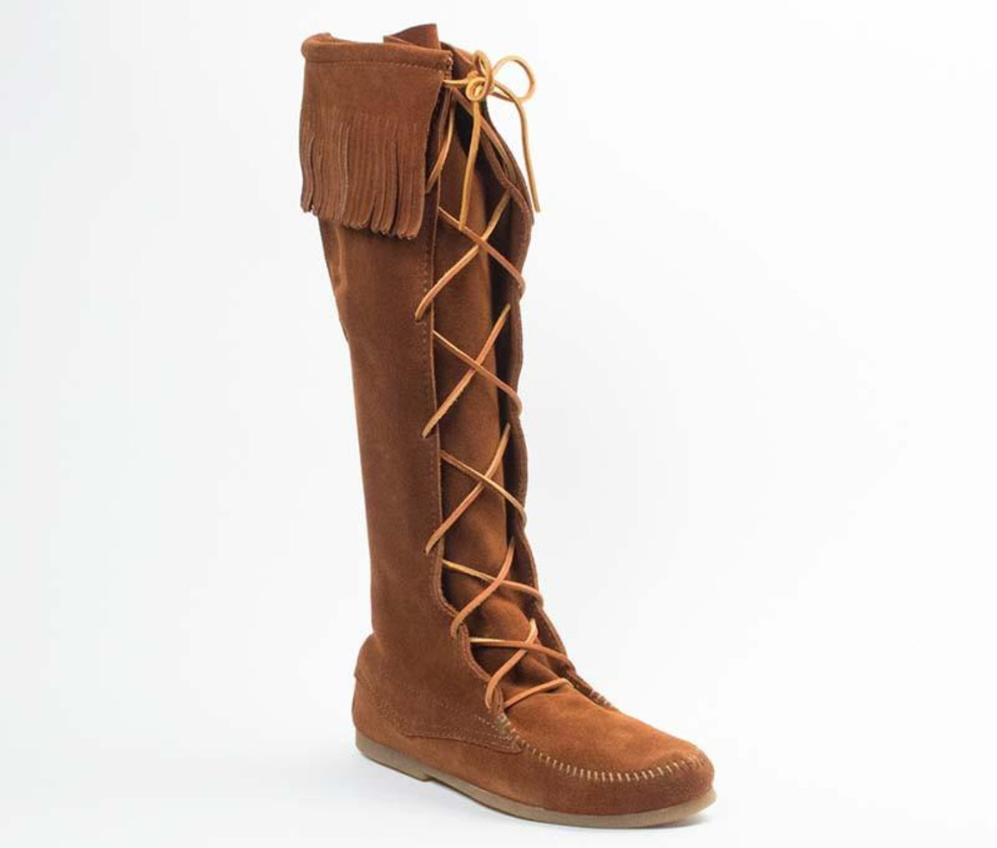Front Lace Knee High Boot in Brown from 3/4 Angle View
