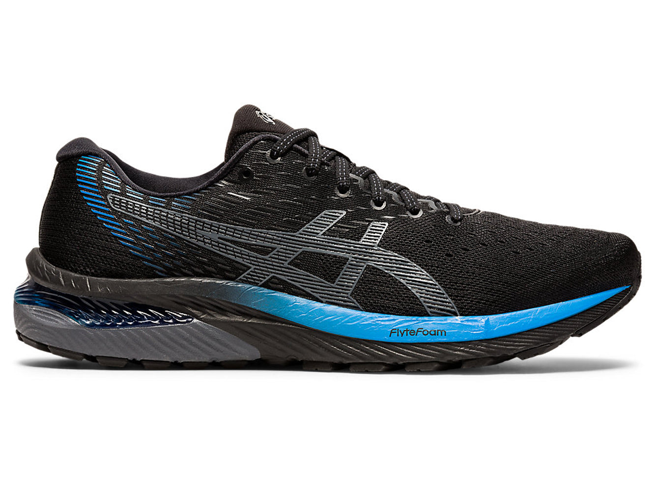 Men's Asics GEL-Cumulus 22 Running Shoe in Black/Directoire Blue from the side