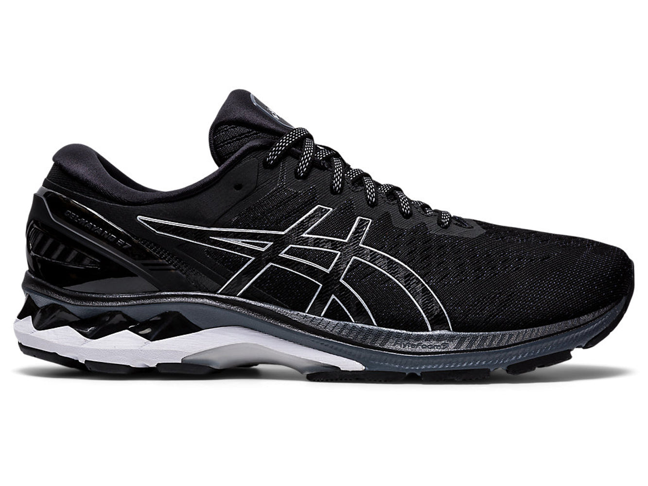 Men's Asics GEL-Kayano 27 Running Shoe in Black/Pure Silver from the side