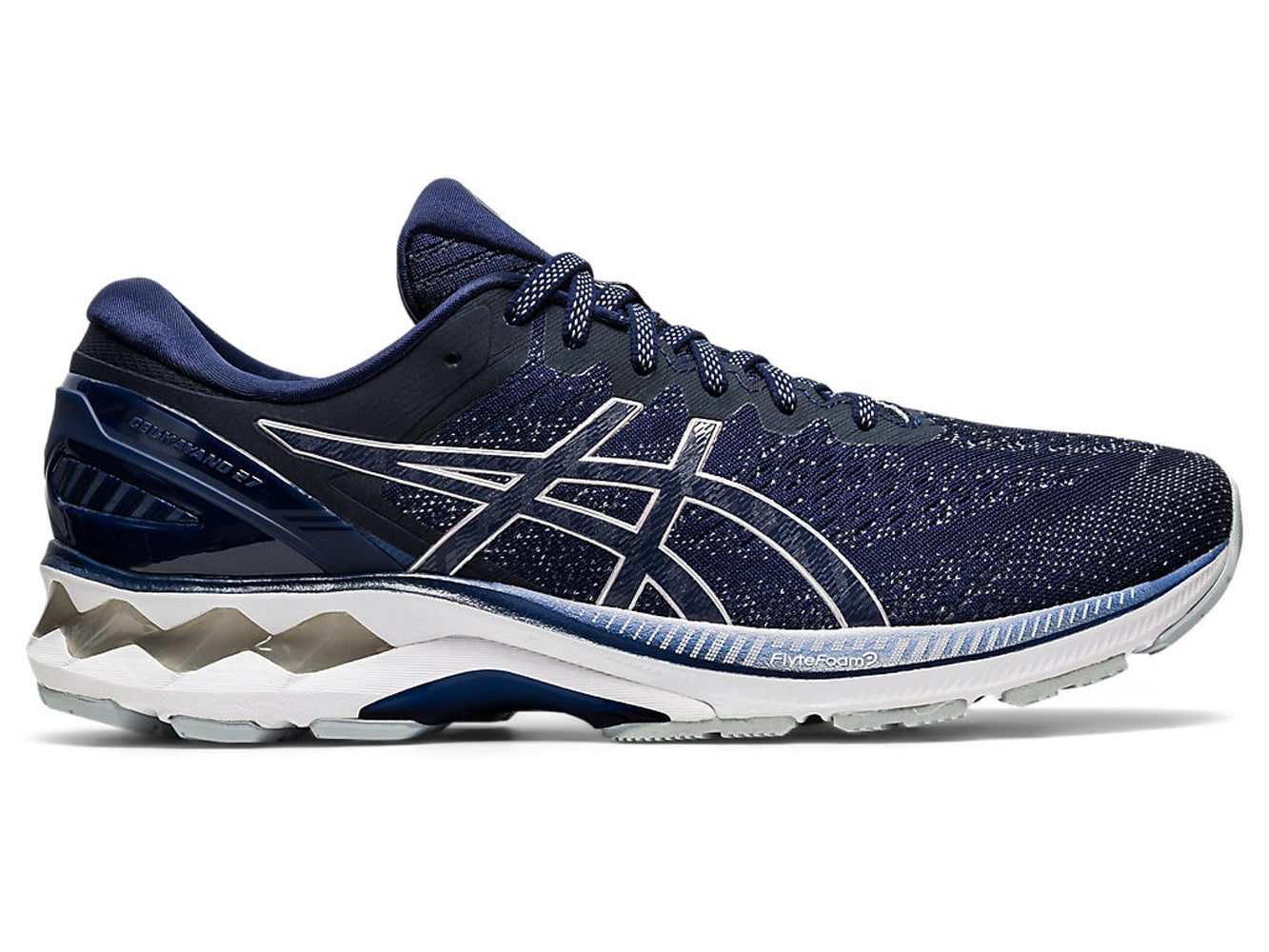 Men's Asics GEL-Kayano 27 Running Shoe in Peacoat/Piedmont Grey from the side