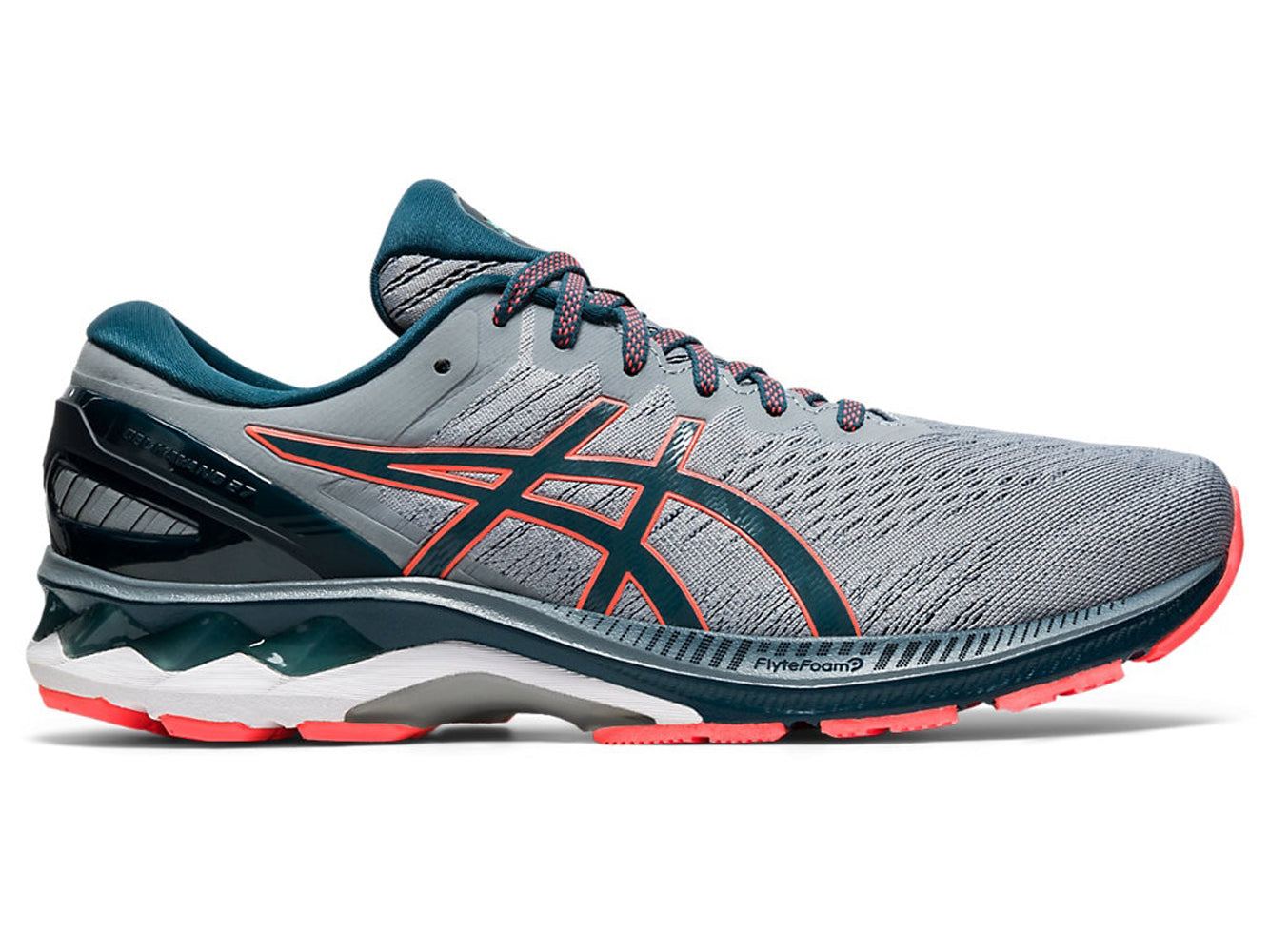 Men's Asics GEL-Kayano 27 Running Shoe in Sheet Rock/Magnetic Blue from the side