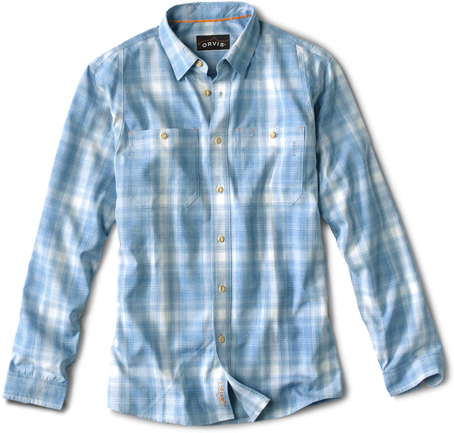 Tech Chambray Plaid Workshirt in Mediumblue from front view