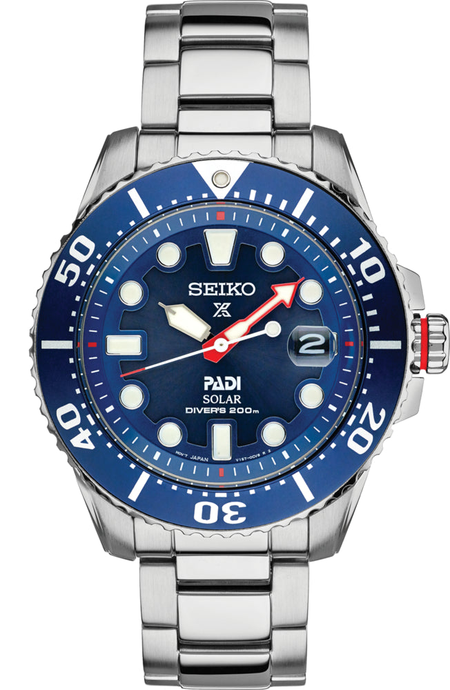 Seiko Men's Prospex Stainless Watch in color Silver-tone, Blue from the front view