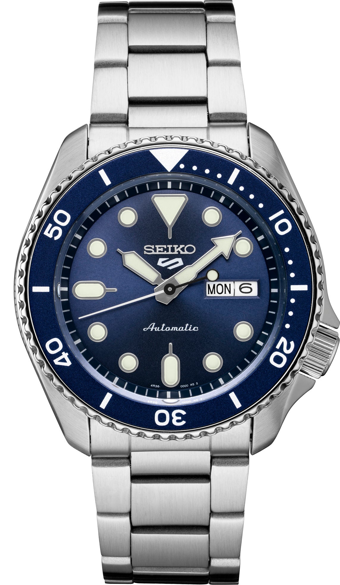 Seiko 5 Sports Men's Stainless Watch in color Silver-Tone, Blue from the front view