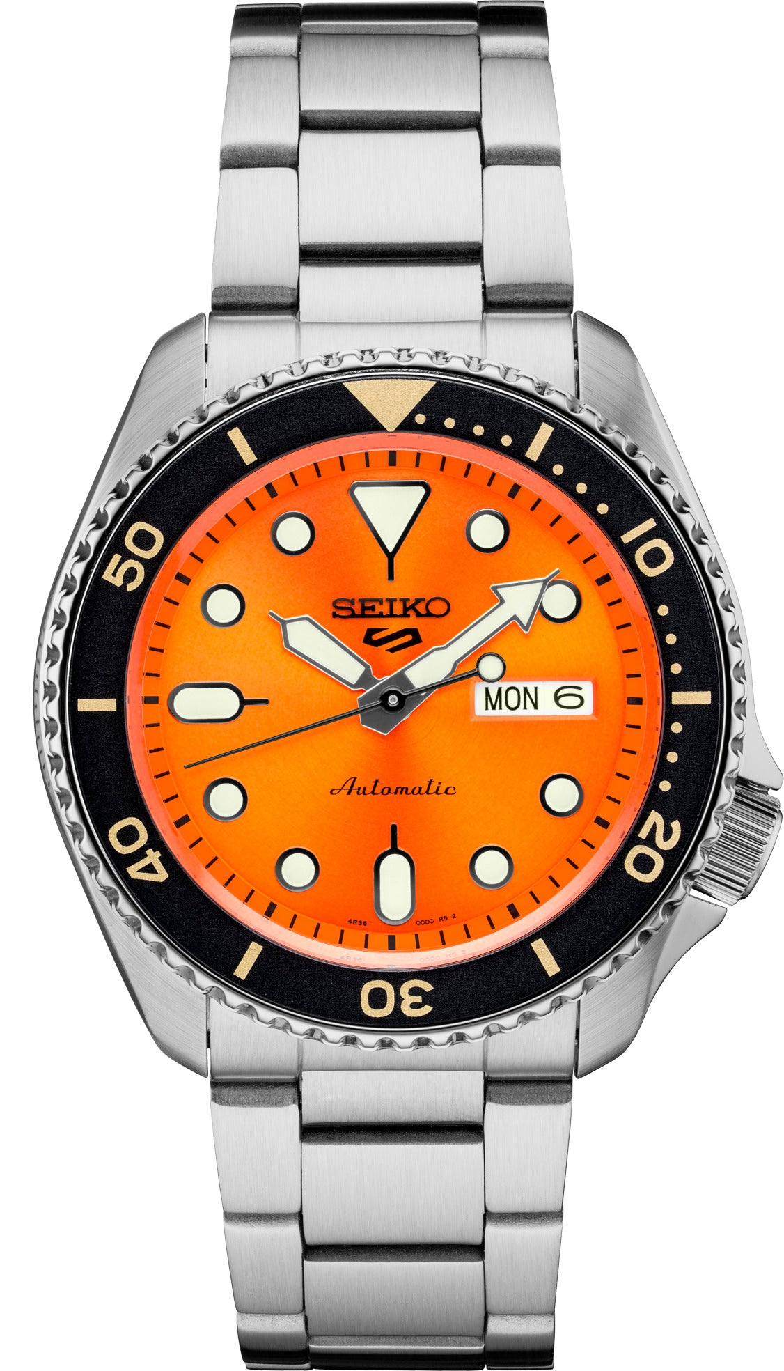 Seiko 5 Sports Men's Stainless Watch in color Silver-Tone, orange from the front view