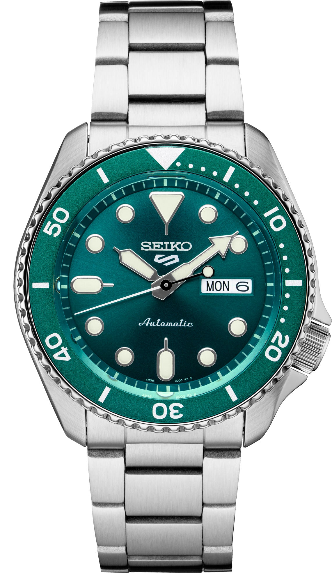 Seiko 5 Sports Men's Stainless Watch in color Silver-Tone, green from the front view