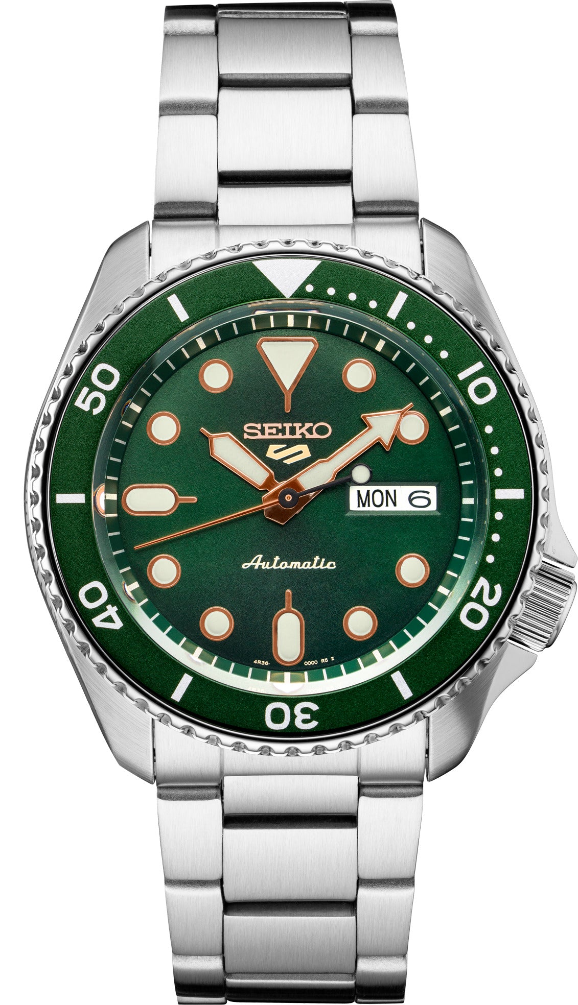 Seiko 5 Sports Men's Stainless Watch in color Silver-Tone, green from the front view