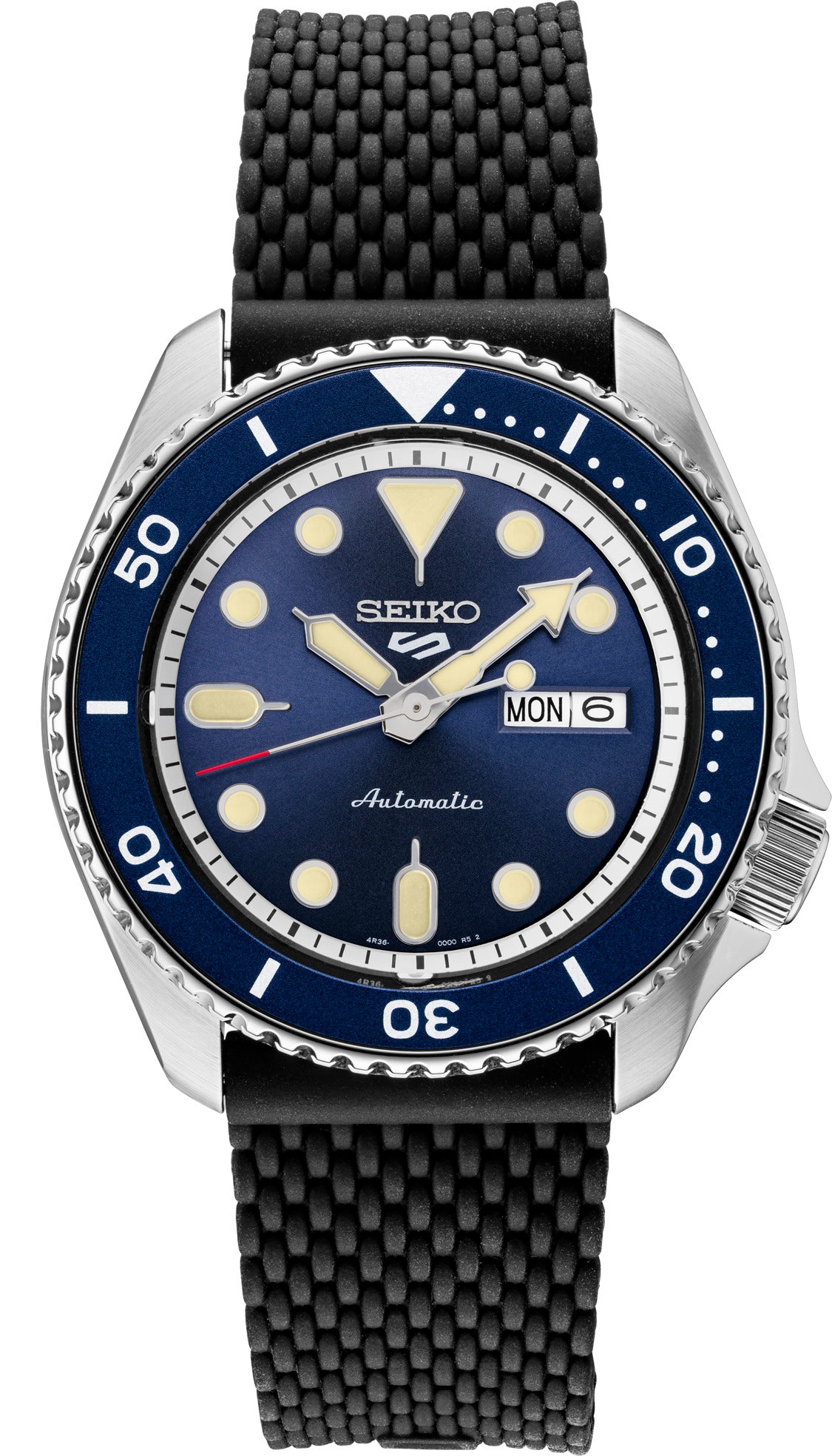 Seiko 5 Sports Men's Stainless Watch in color Black, Blue from the front view