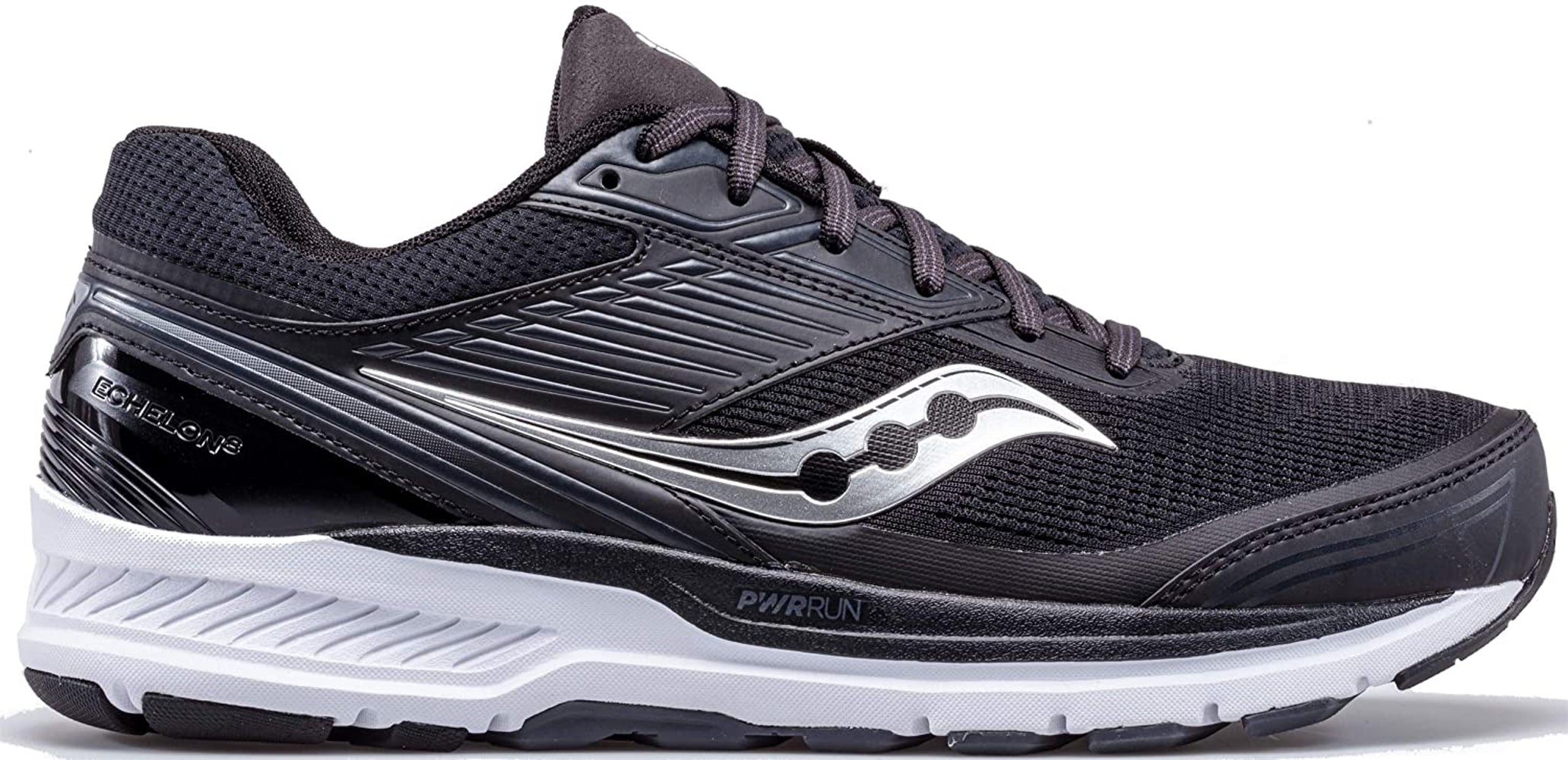 Saucony Men's Echelon 8 Running Shoe in Black White Side Angle View