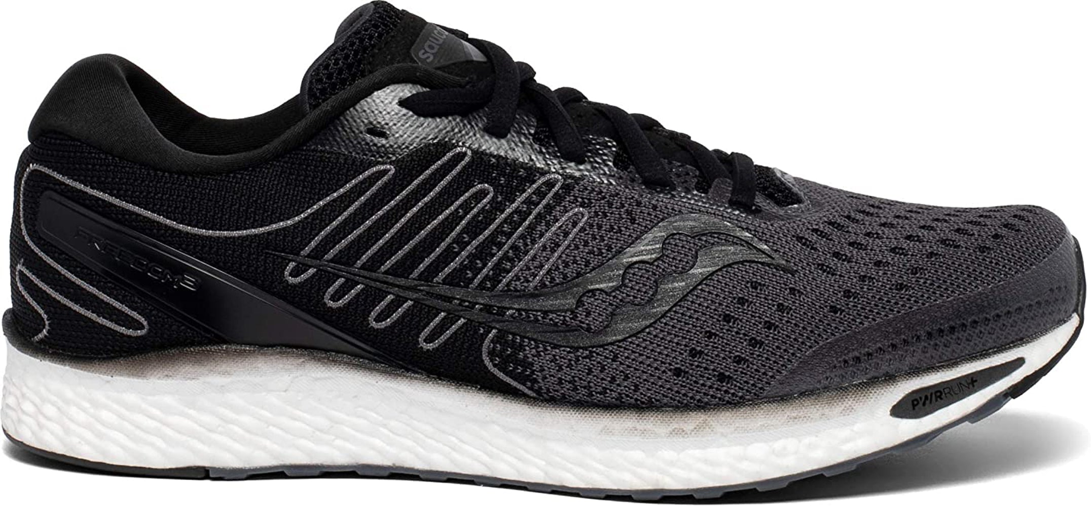 Saucony Men's Freedom 3 Running Shoe in Black White Side Angle View