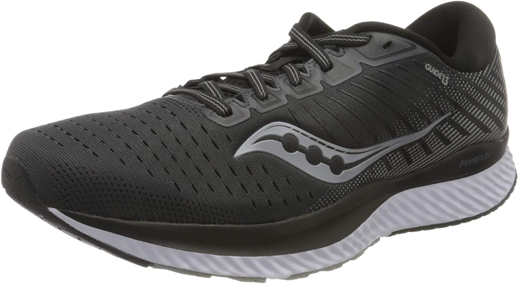 Saucony Men's Guide 13 Running Shoe in Black White Side Angle View
