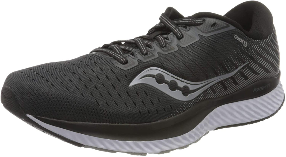 Saucony Men's Guide 13 Running Shoe in Black White Side Angle View