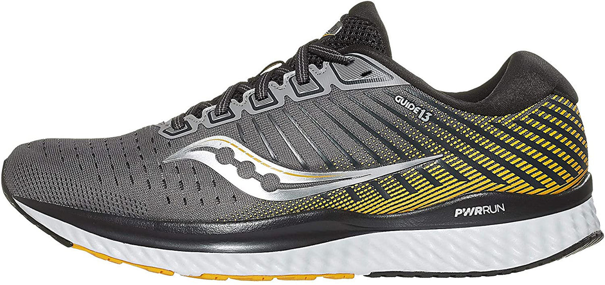 Saucony Men's Guide 13 Running Shoe in Grey Yellow Side Angle View