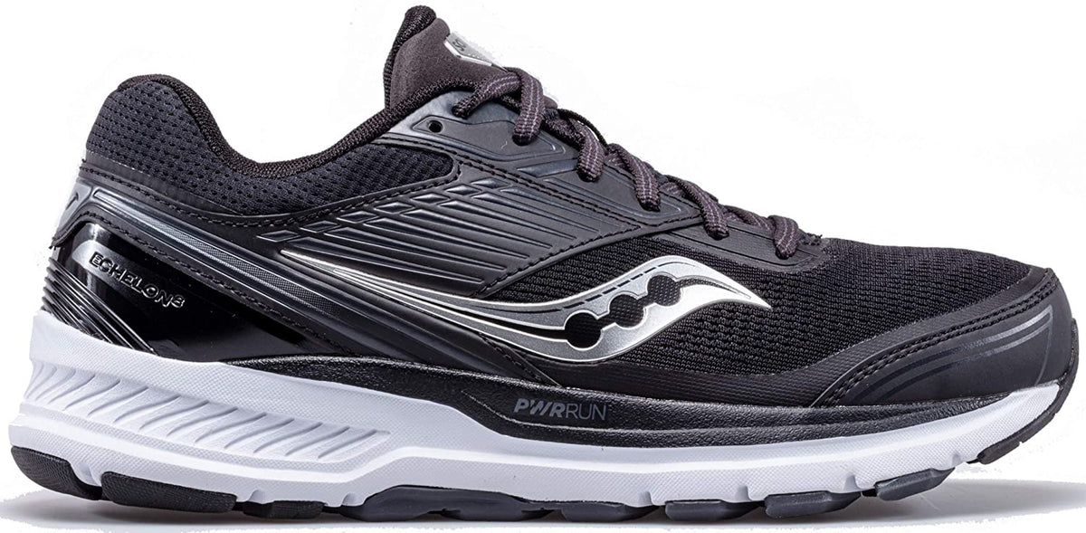 Saucony Women's Echelon 8 Running Shoe in Black White Side Angle View