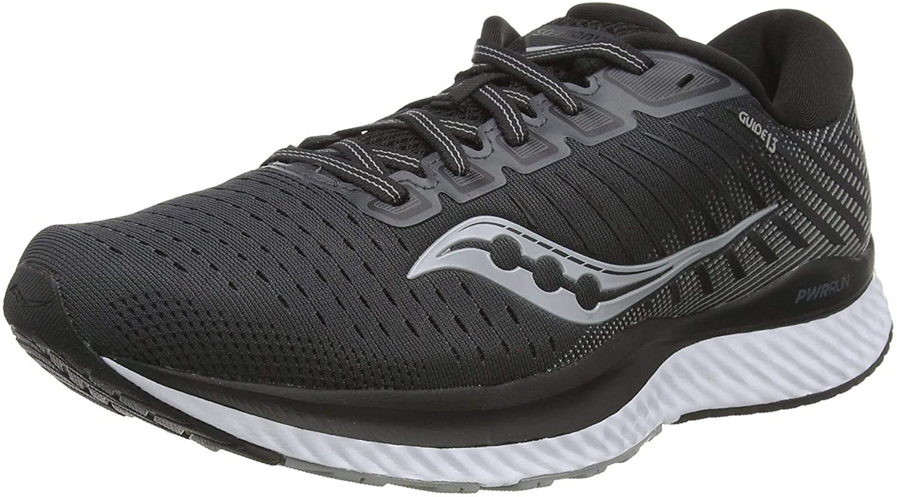 Saucony Women's Guide 13 Running Shoe in Black White Side Angle View