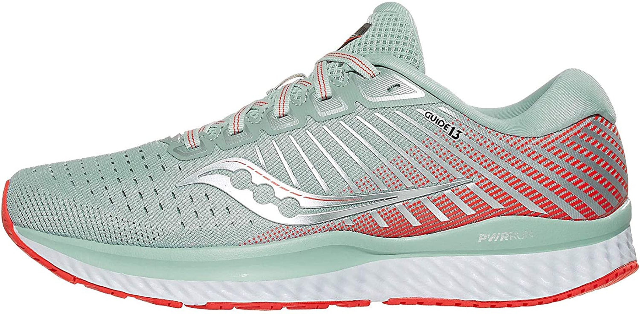 Saucony Women's Guide 13 Running Shoe in Sky Grey Coral Side Angle View