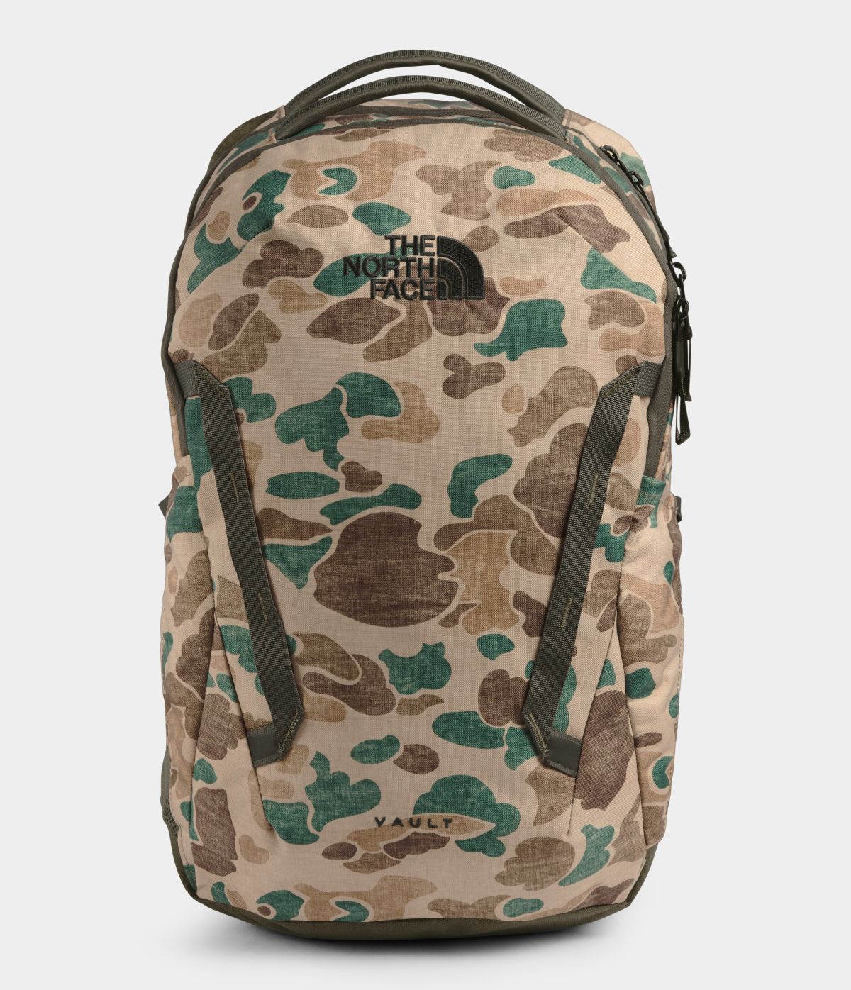 Unisex The North Face Vault Backpack in Hawthorne Khaki Duck Camo Print/New Taupe Green from front view