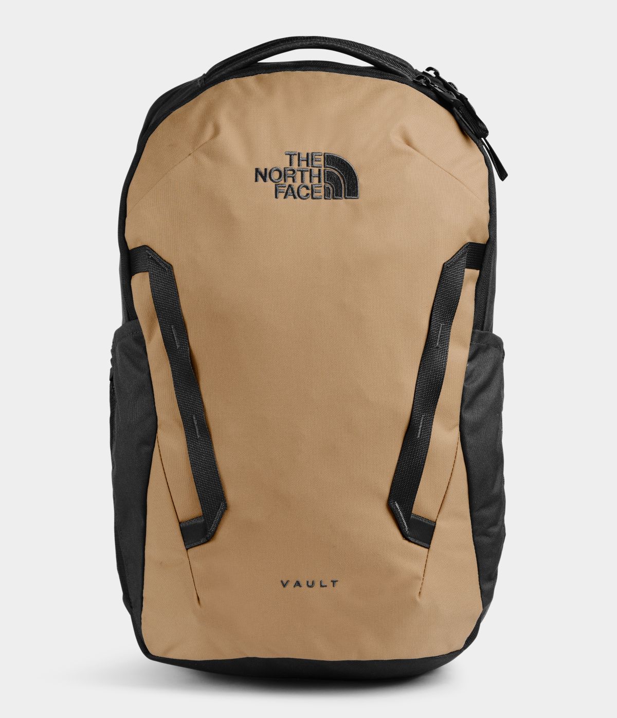 Unisex The North Face Vault Backpack in Moab Khaki/Asphalt Grey from front view
