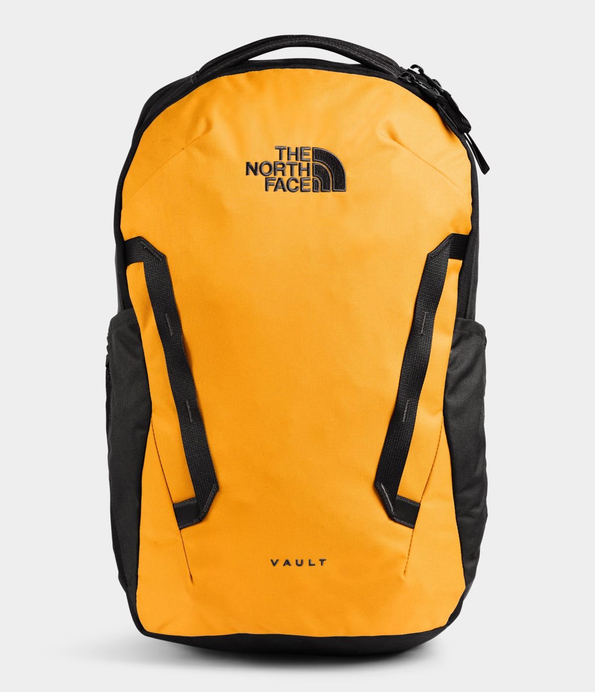 Unisex The North Face Vault Backpack in Summit Gold/TNF Black from front view