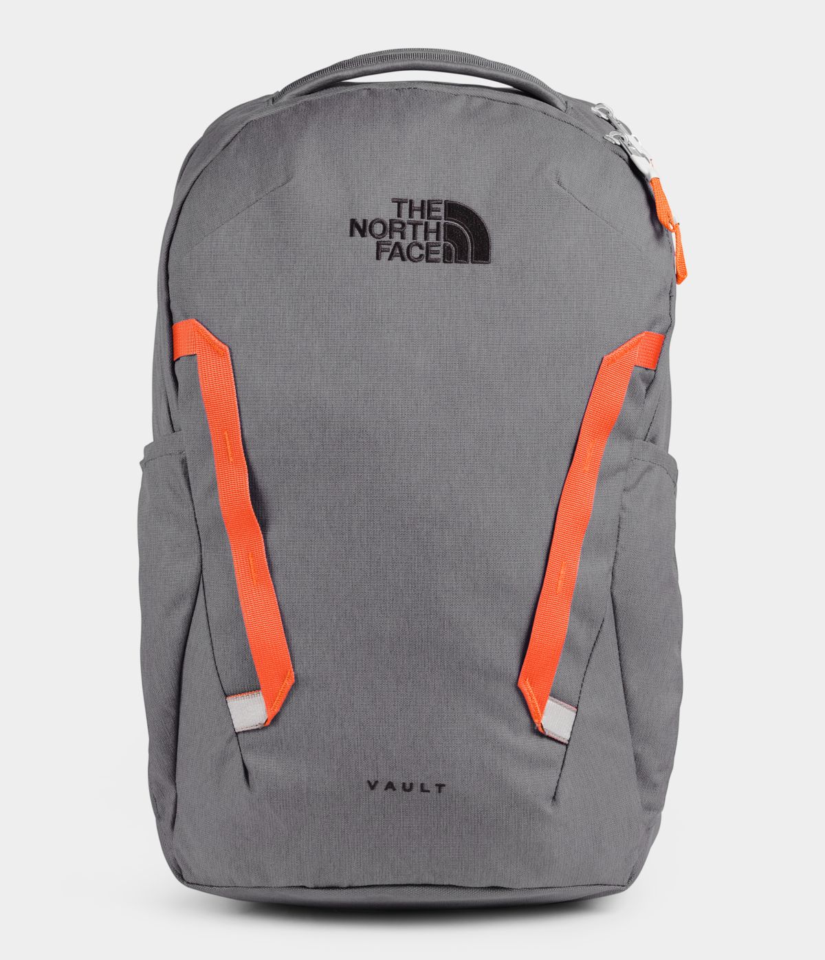 Unisex The North Face Vault Backpack in Zinc Grey Dark Heather/Persian Orange from front view