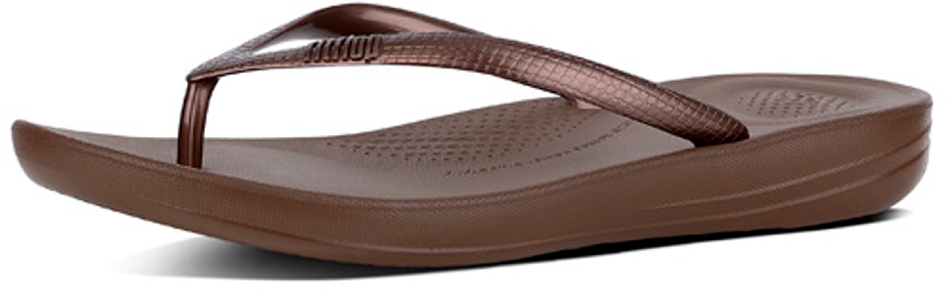 Women's FitFlop Iqushion Ergonomic Flip-Flops in Bronze Side Angle View