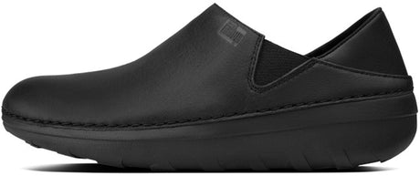 Women's FitFlop Superloafer Leather Shoe in All Black Side Angle View