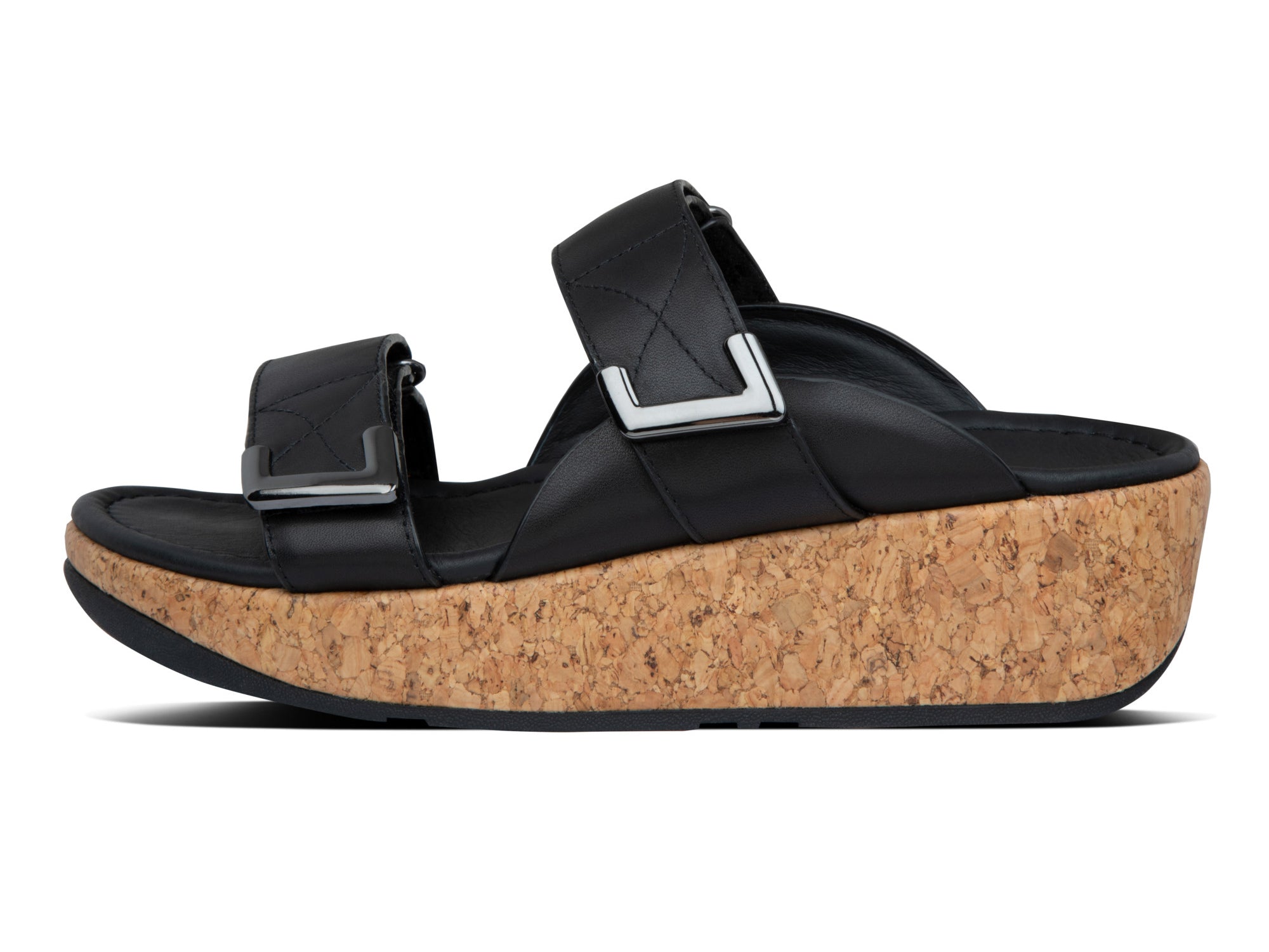 Women's FitFlop Remi Adjustable Slides Sandal in All Black from the side